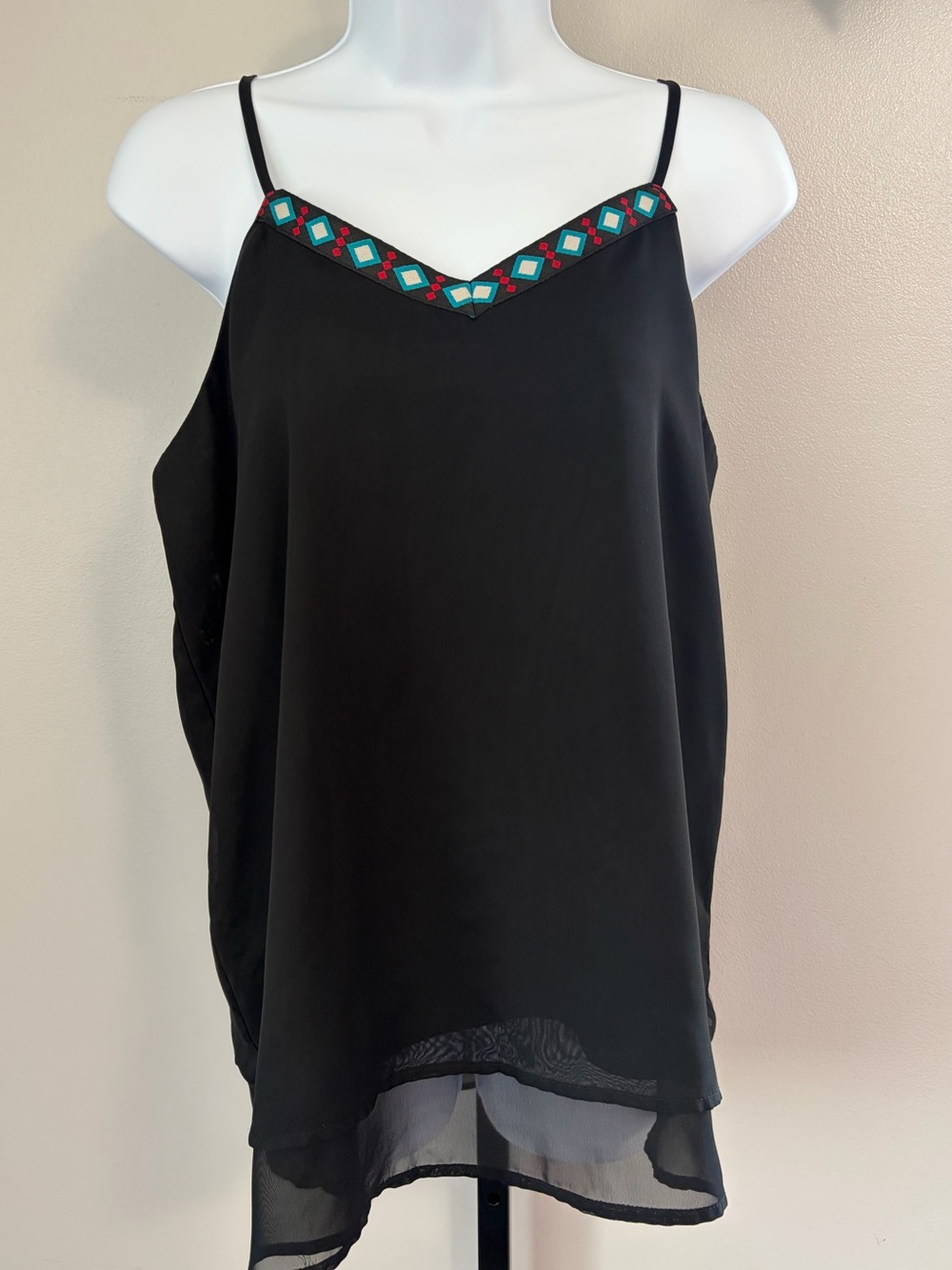 Charming Charlie Black Camisole with Teal & Coral Diamond Trim